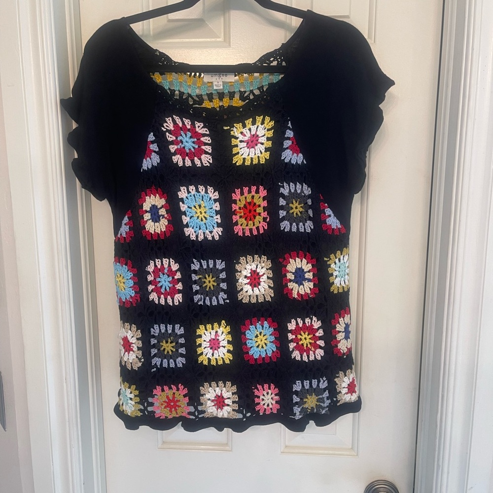 Umgee Red and Yellow Cropped Blouse Short Sleeve